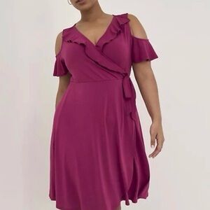 torrid Magenta Cold-Shoulder Wrap Midi Dress with Ruffle Trim